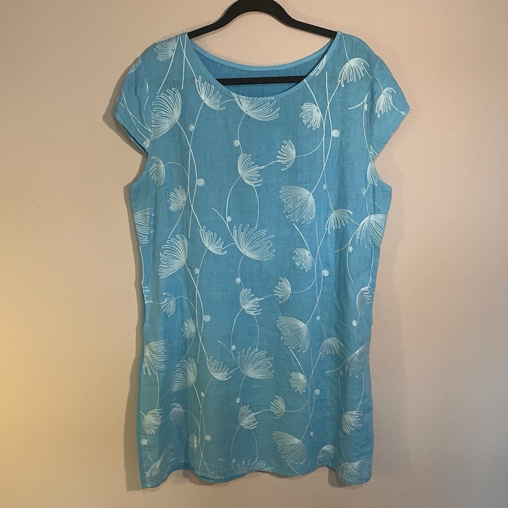 Dandelion Blue Sheath Dress 100% Linen Cottage Whimsy Classic Airy Made In Italy